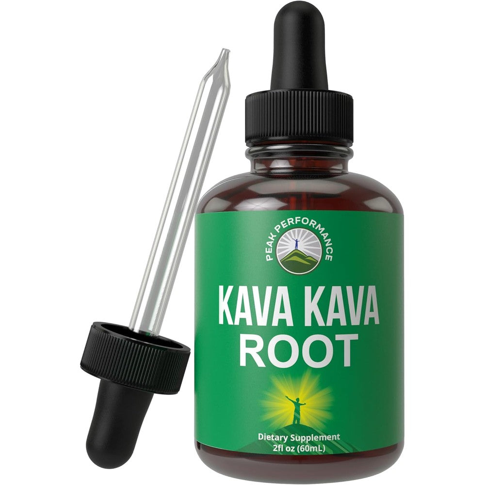 Peak Performance Kava Root Extract front view of the two fluid ounce bottle for natural relaxation