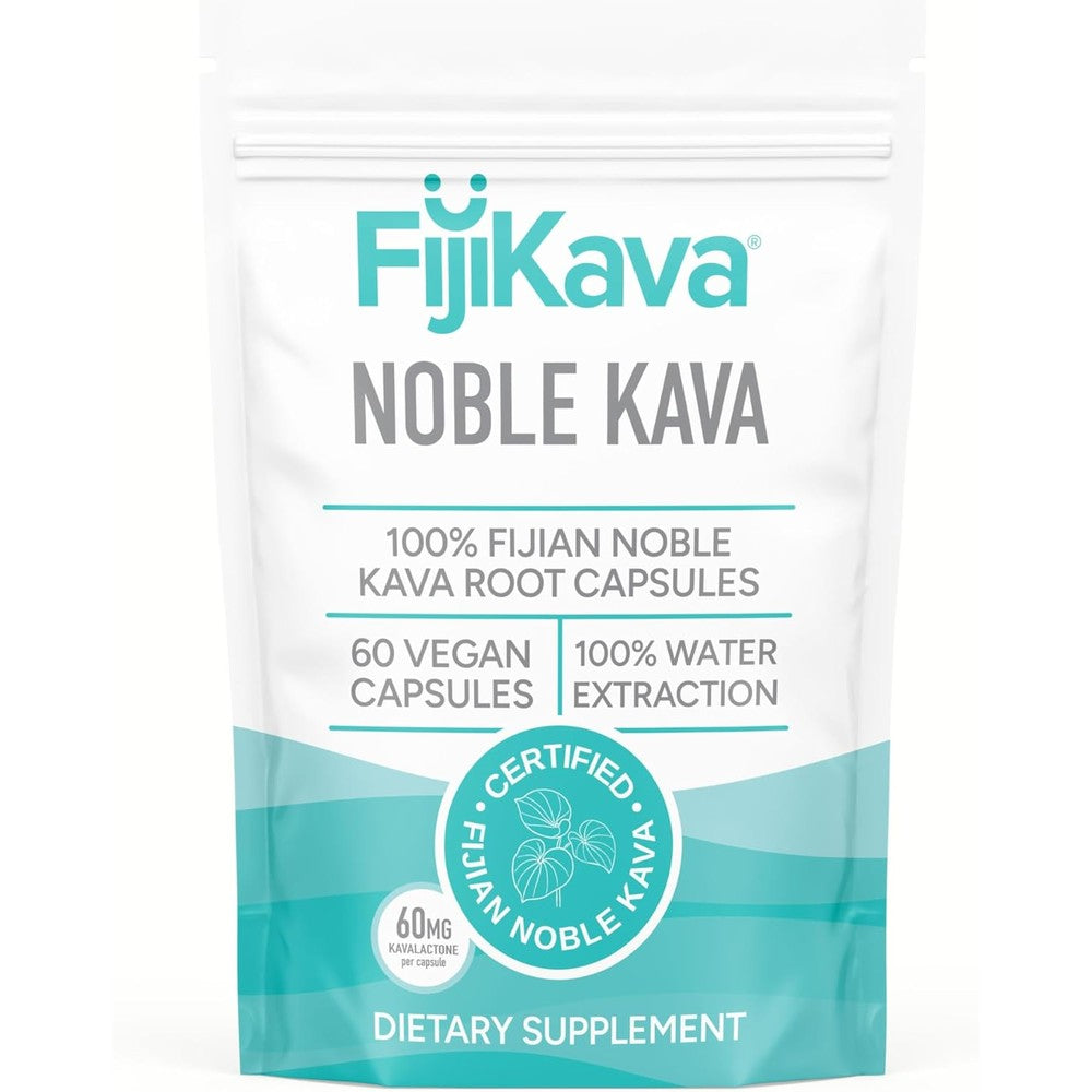 FijiKava Noble Kava Extract 600 Milligrams bottle front view showing capsule details.