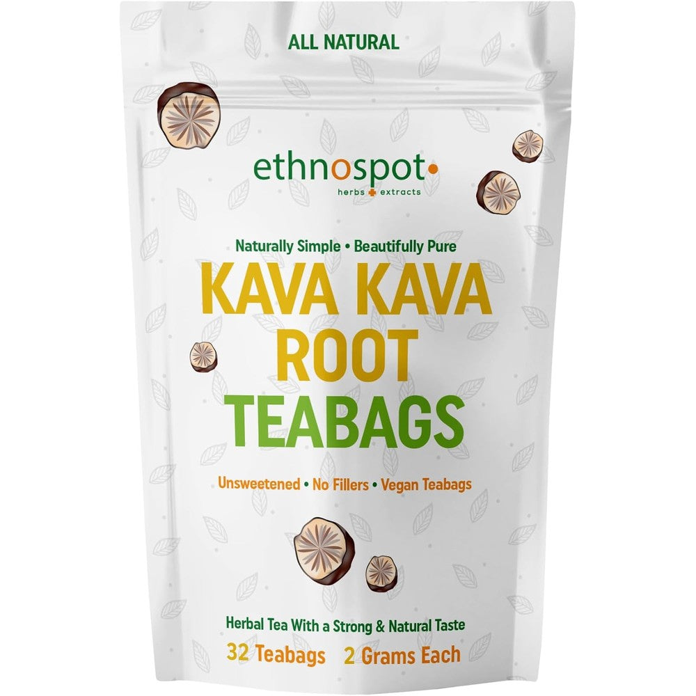 Ethnospot Kava Kava Root Tea front view box showing 32 tea bags herbal supplement for stress relief