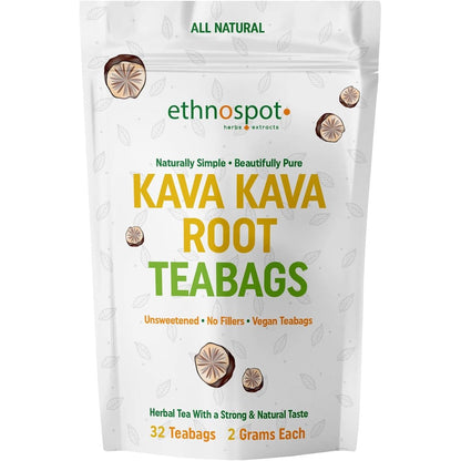Ethnospot Kava Kava Root Tea front view box showing 32 tea bags herbal supplement for stress relief