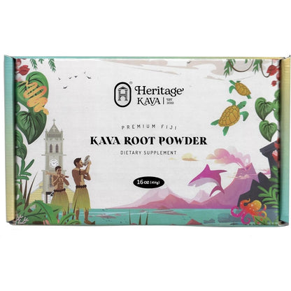 Heritage Kava Premium Noble Fiji Kava Root Powder 16 Ounce front view of vacuum sealed pouch
