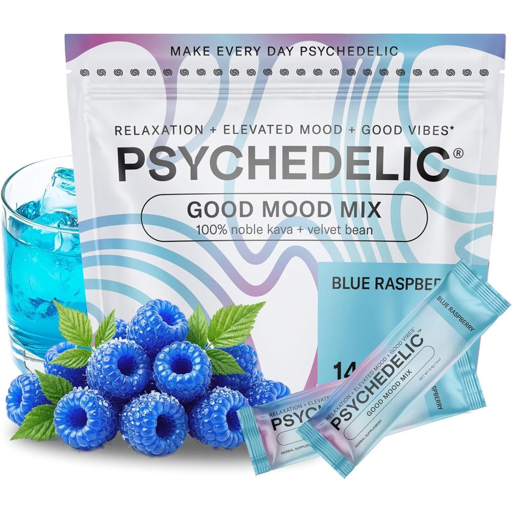 Psychedelic Water Good Mood Mix Blue Raspberry fourteen packet box front view representing authentic USA wellness imports
