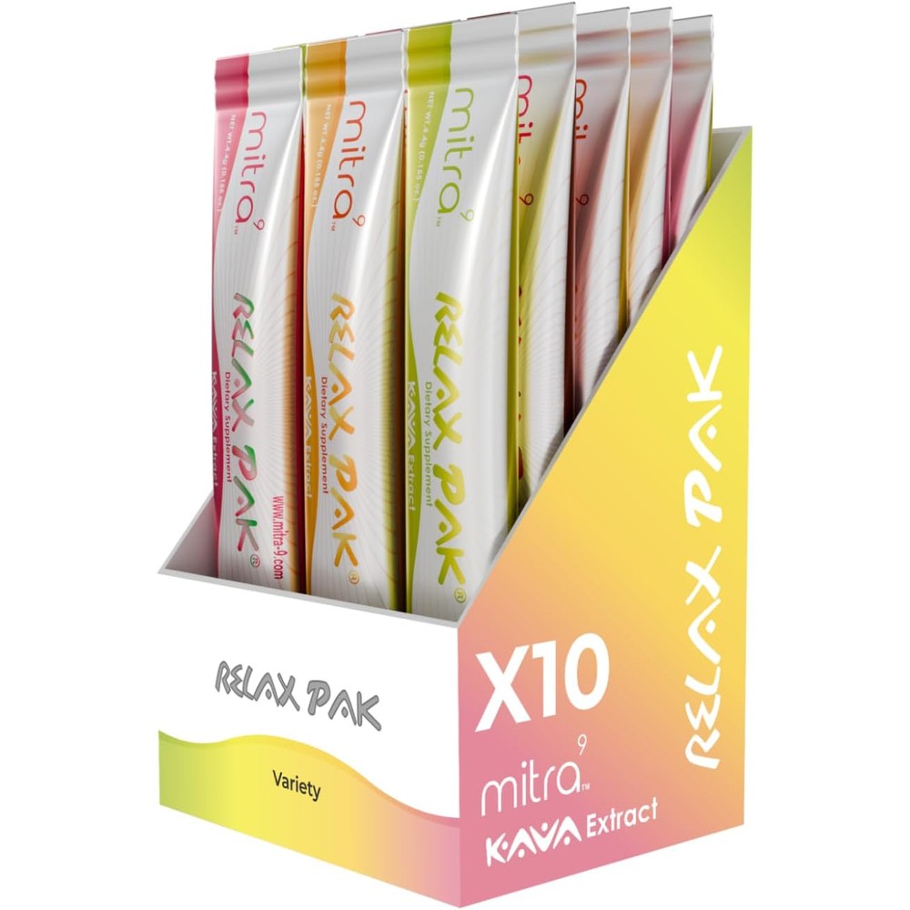 Mitra9 Kava Root Extract Drink Mix Variety Pack front view showing packaging.
