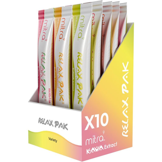 Mitra9 Kava Root Extract Drink Mix Variety Pack front view showing packaging.