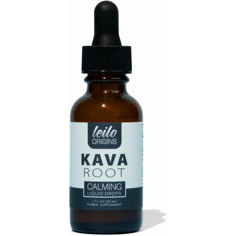 Leilo Kava Root Calming Liquid Extract Drops front view bottle for stress relief and relaxation