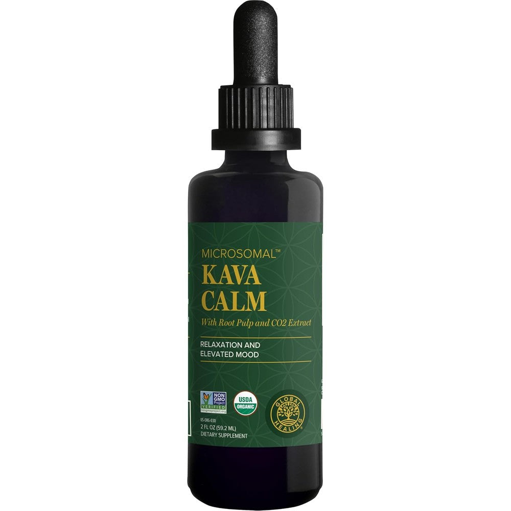 Global Healing Organic Kava Calm Liquid Drops front view for natural relaxation.