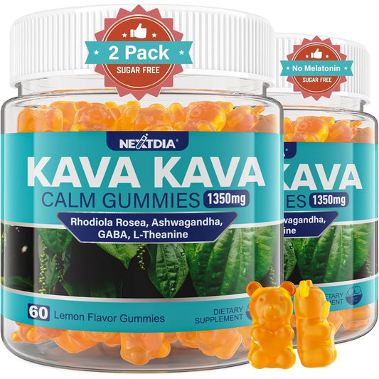 Nextdia Kava Kava Gummies with Ashwagandha 2 Pack front bottle view for natural stress relief.