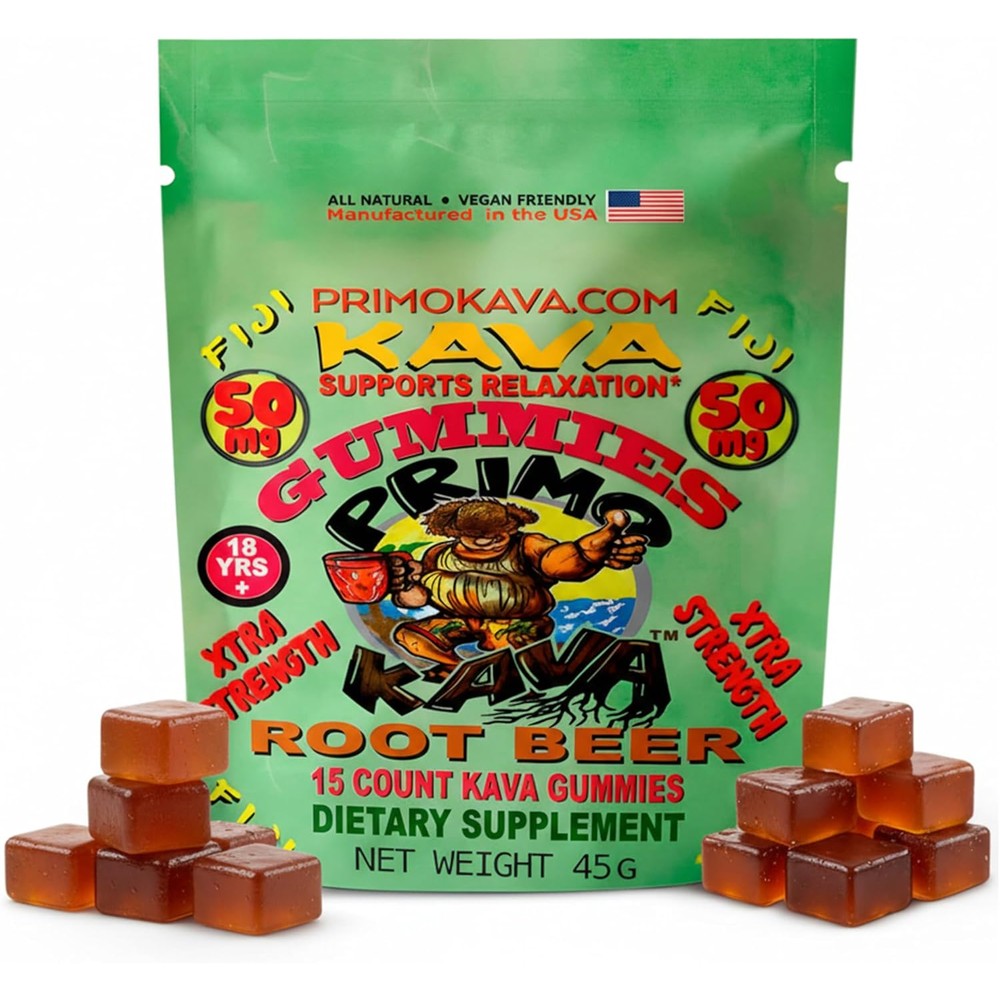 Primo Kava Strong Noble Fiji Kava Root Beer Gummies front view packaging