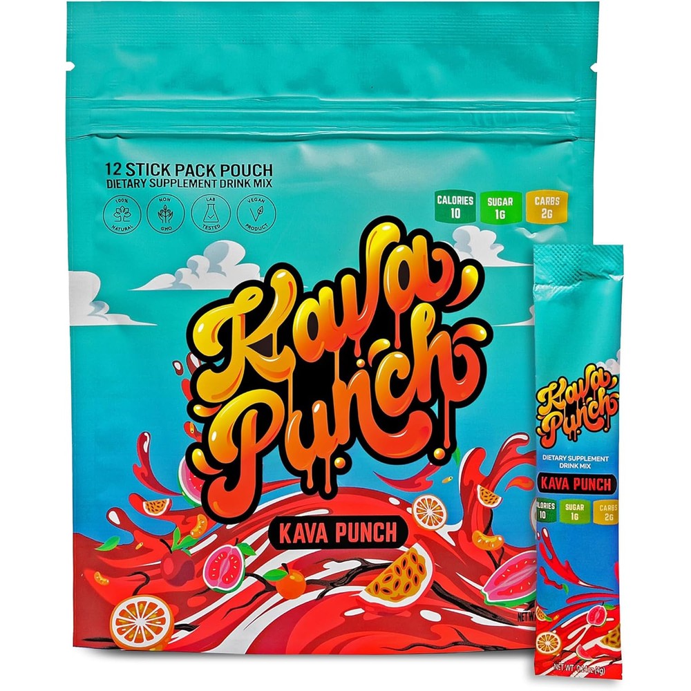 Kava Punch Relaxation Drink Mix front view of the twelve stick pack pouch packaging
