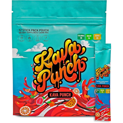 Kava Punch Relaxation Drink Mix front view of the twelve stick pack pouch packaging