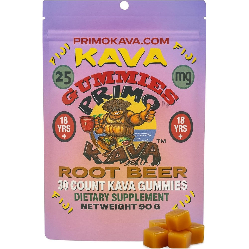 Primo Kava Noble Root Gummies front view showing 30 count pouch