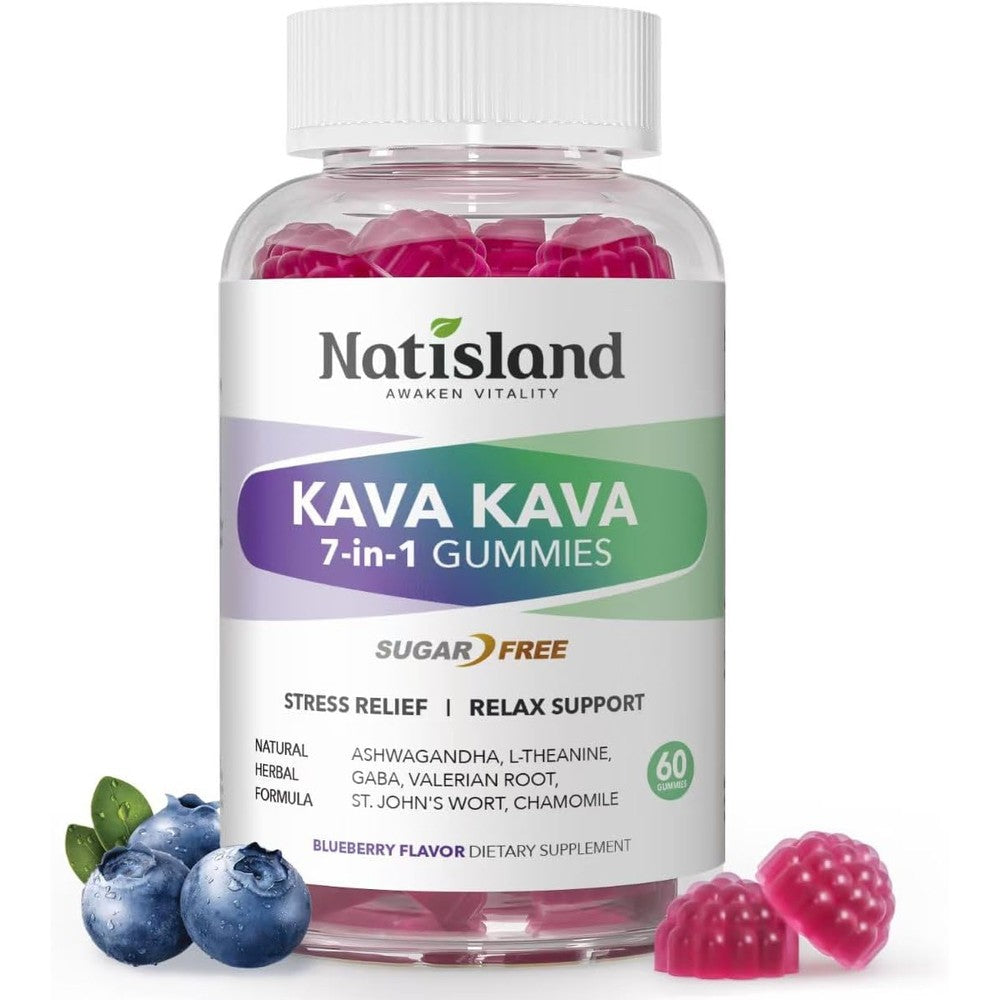 Natisland Kava Kava 7-in-1 Gummies front bottle view for natural stress relief.