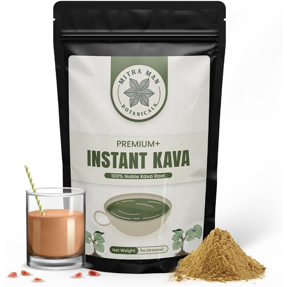 MitraMan Botanicals Instant Kava Root Powder 1 Ounce package front view showing premium authentic packaging