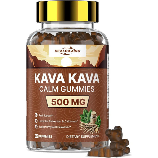 Healoading Kava Kava Calm Gummies front view of the bottle containing sixty relaxation supplements.