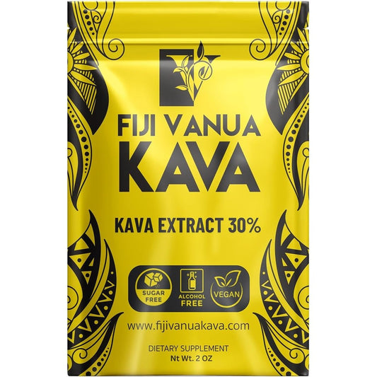 Fiji Vanua Kava 30 Percent Kavalactone Extract Powder front view yellow pouch package