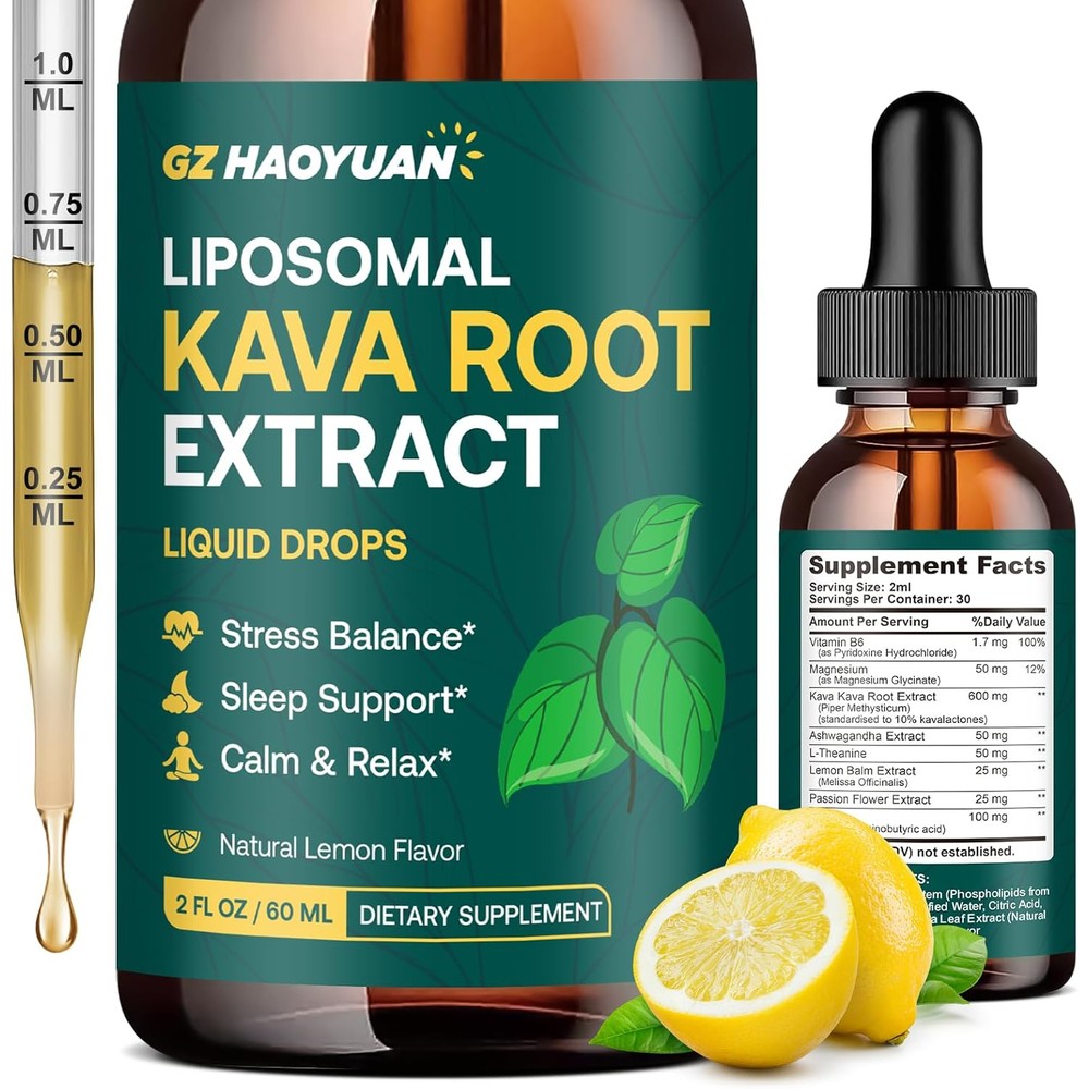 GZ HAOYUAN Liposomal Kava liquid drops front bottle view for stress balance.