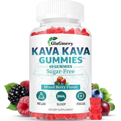 Glagmrry Kava 120 Gummies 500mg Supplement front view bottle for stress relief.