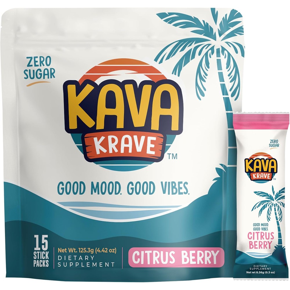 Kava Krave Citrus Berry Kava Drink Mix 15 Pack front view packaging showcasing premium botanical ingredients for natural relaxation.