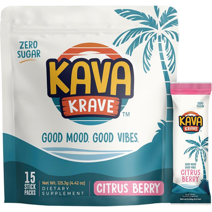 Kava Krave Citrus Berry Kava Drink Mix 15 Pack front view packaging showcasing premium botanical ingredients for natural relaxation.
