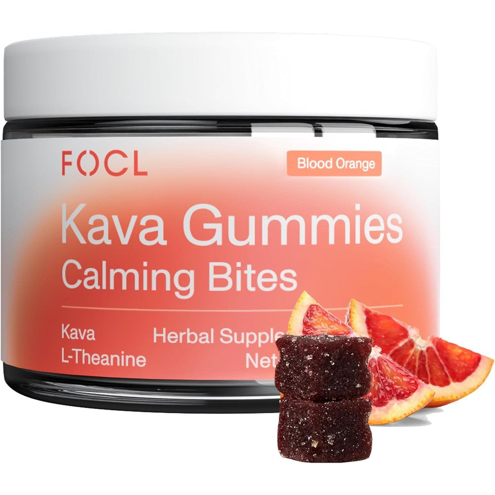 FOCL Kava Gummies Calming Bites bottle front view showcasing blood orange flavor