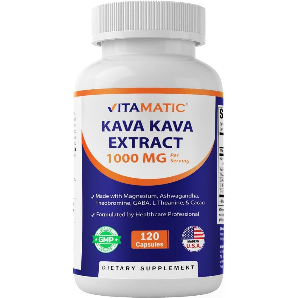 Vitamatic Kava Kava 1000mg with Magnesium and Ashwagandha 120 vegetarian capsules front bottle view for stress relief