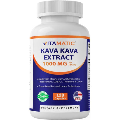 Vitamatic Kava Kava 1000mg with Magnesium and Ashwagandha 120 vegetarian capsules front bottle view for stress relief