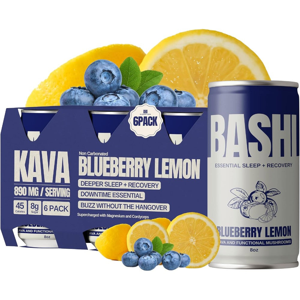 Bashi Kava Drink Blueberry Lemon 6 Pack front view of bottles for natural stress relief
