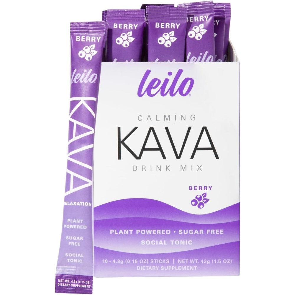 Leilo Calming Kava Drink Mix Berry ten pack box front view showing authentic relaxation powder packaging.
