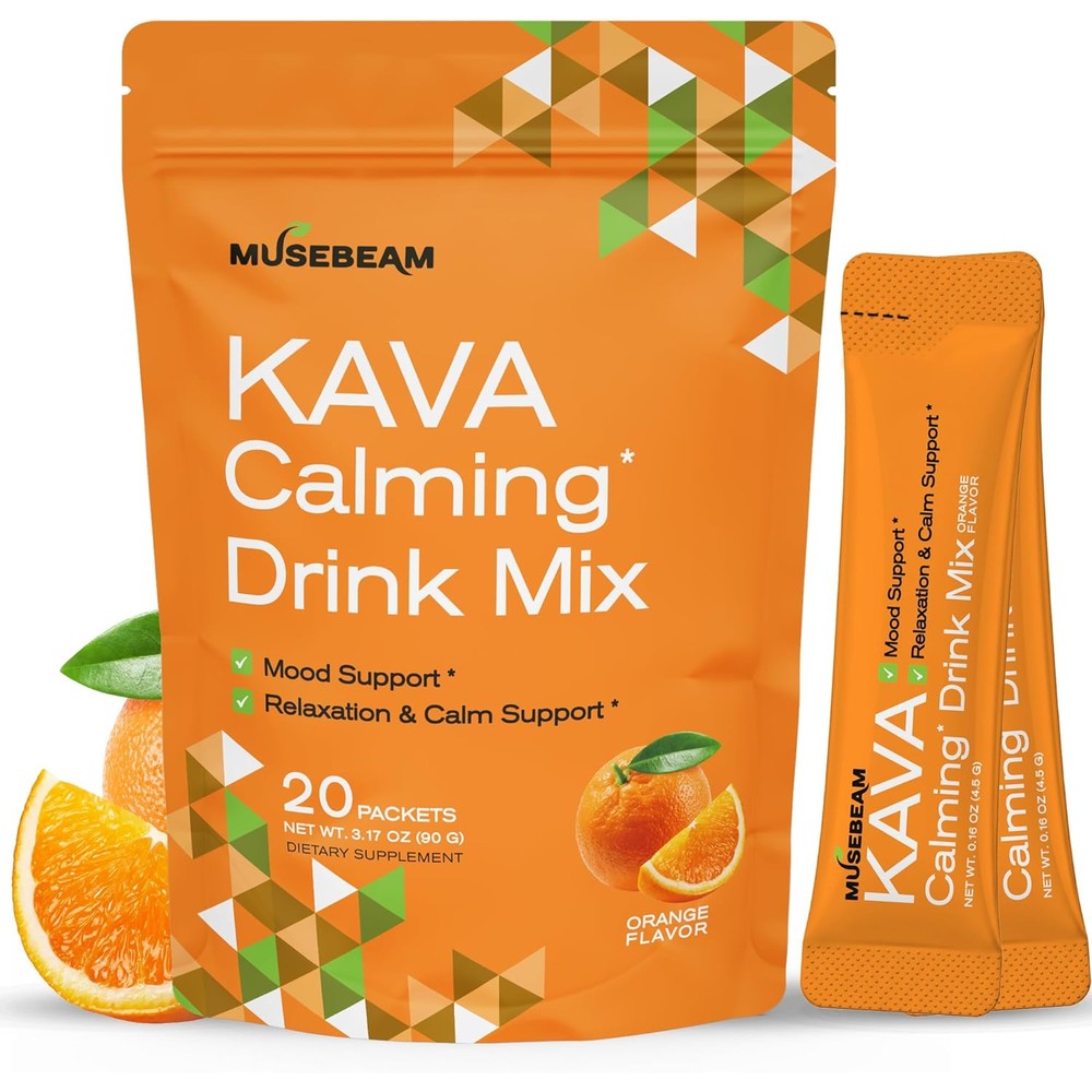 MuseBeam Kava Calming Drink Mix front view of the packaging for natural relaxation.