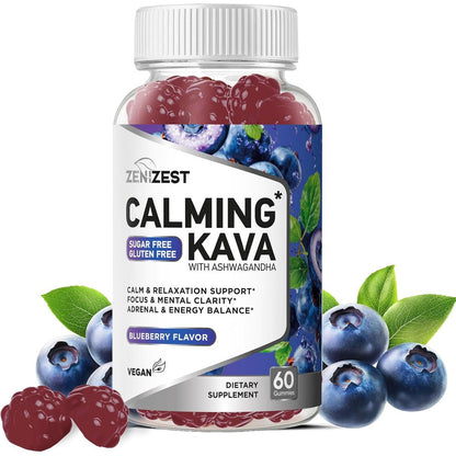 ZeniZest Kava and Ashwagandha relaxation support gummies front view of the bottle showing blueberry flavour text