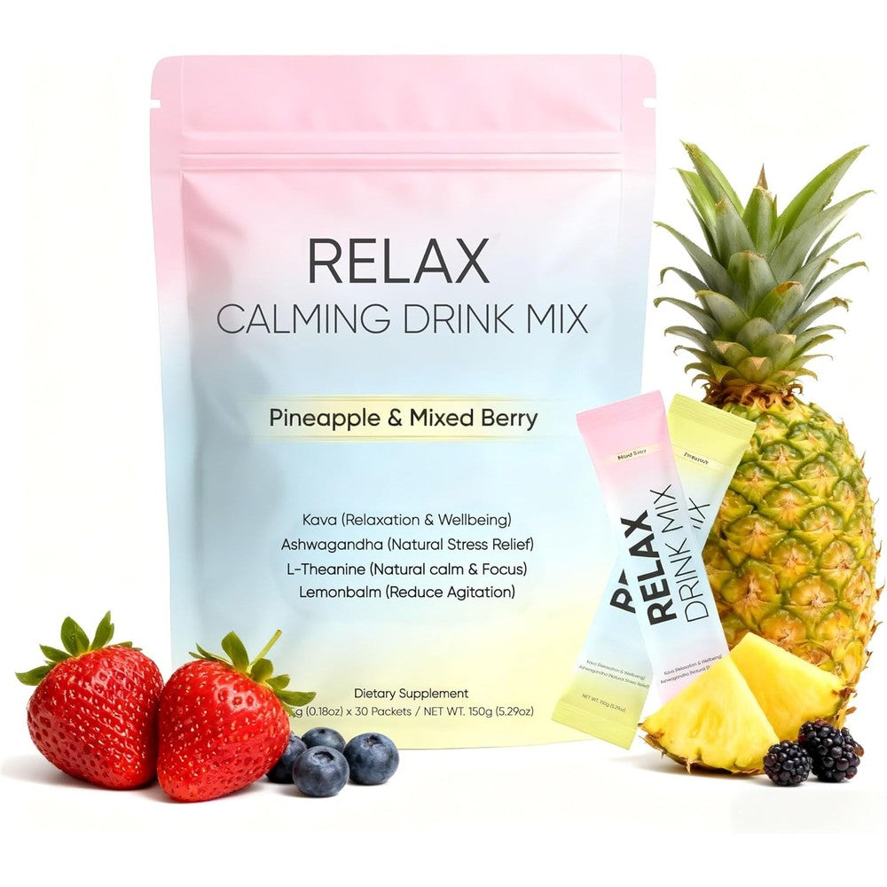 KXVUDE Relax Calming Drink Powder 30 Packets box front view showing pineapple and mixed berry flavor icons.