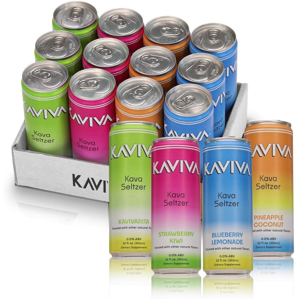 Kaviva Kava And Soda Seltzer Relaxation Drink 12 Pack front view showcasing the non-alcoholic functional beverage cans.