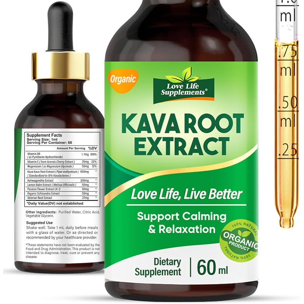 Love Life Supplements Kava Kava Root Extract front view of 2 fluid ounce bottle for natural relaxation.