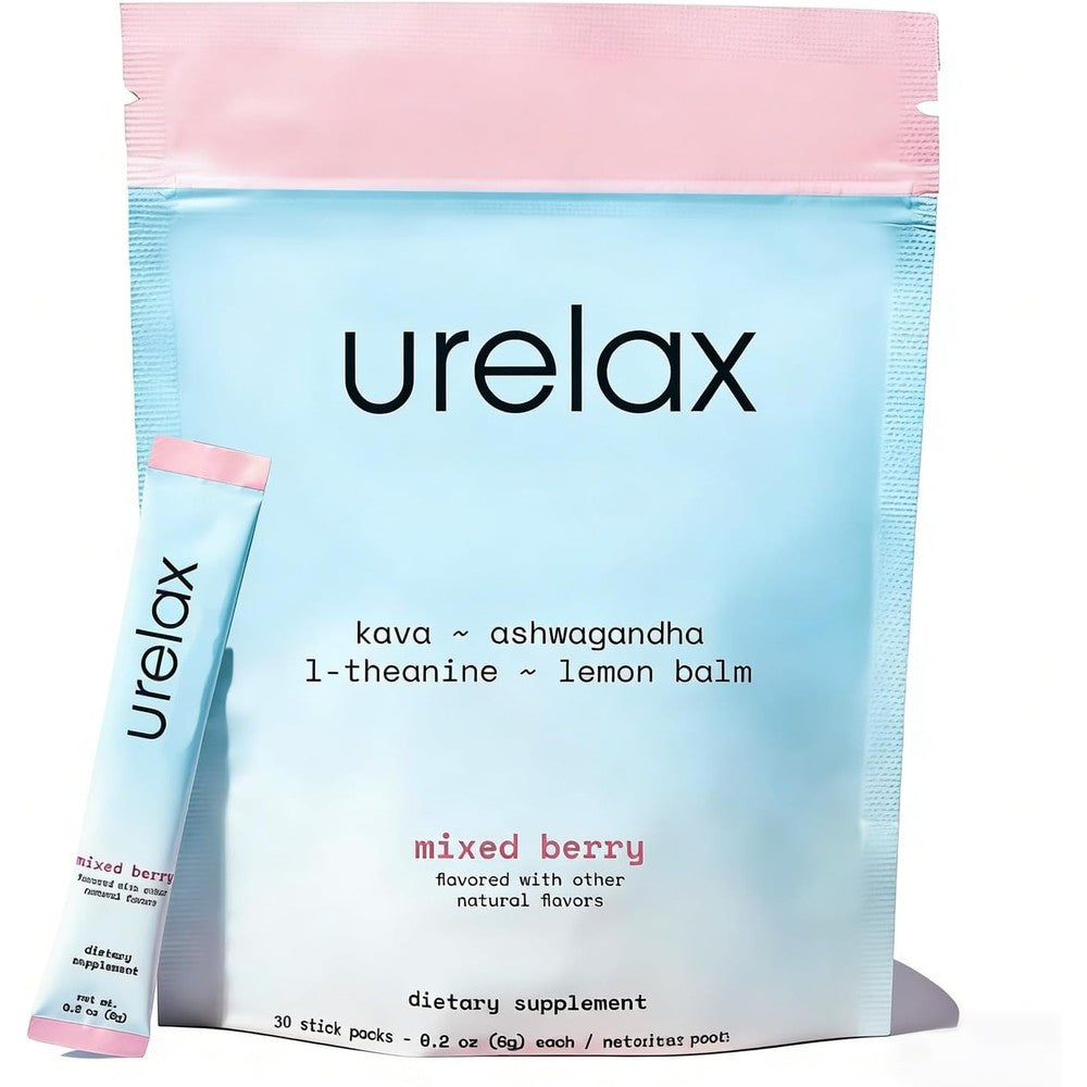 Asropje Urelax Calming Drink Powder pouch front view containing thirty stick packs for natural stress relief.