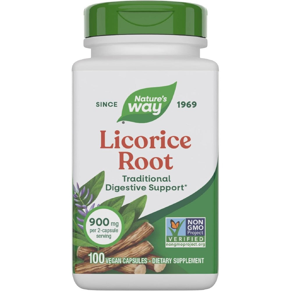 Nature's Way Licorice Root 900mg 100 Vegan Capsules front view of bottle