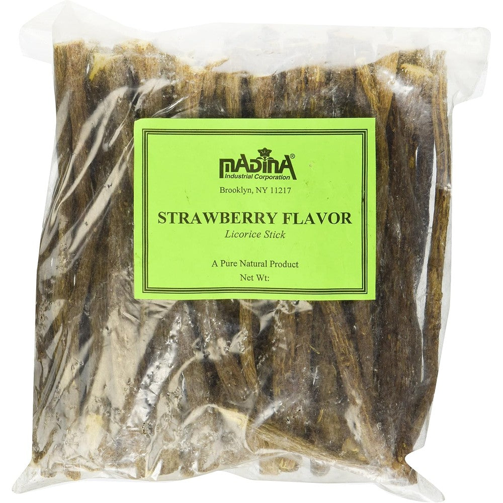 Madina Licorice Stick Strawberry Flavor 1 Pound bag front view.