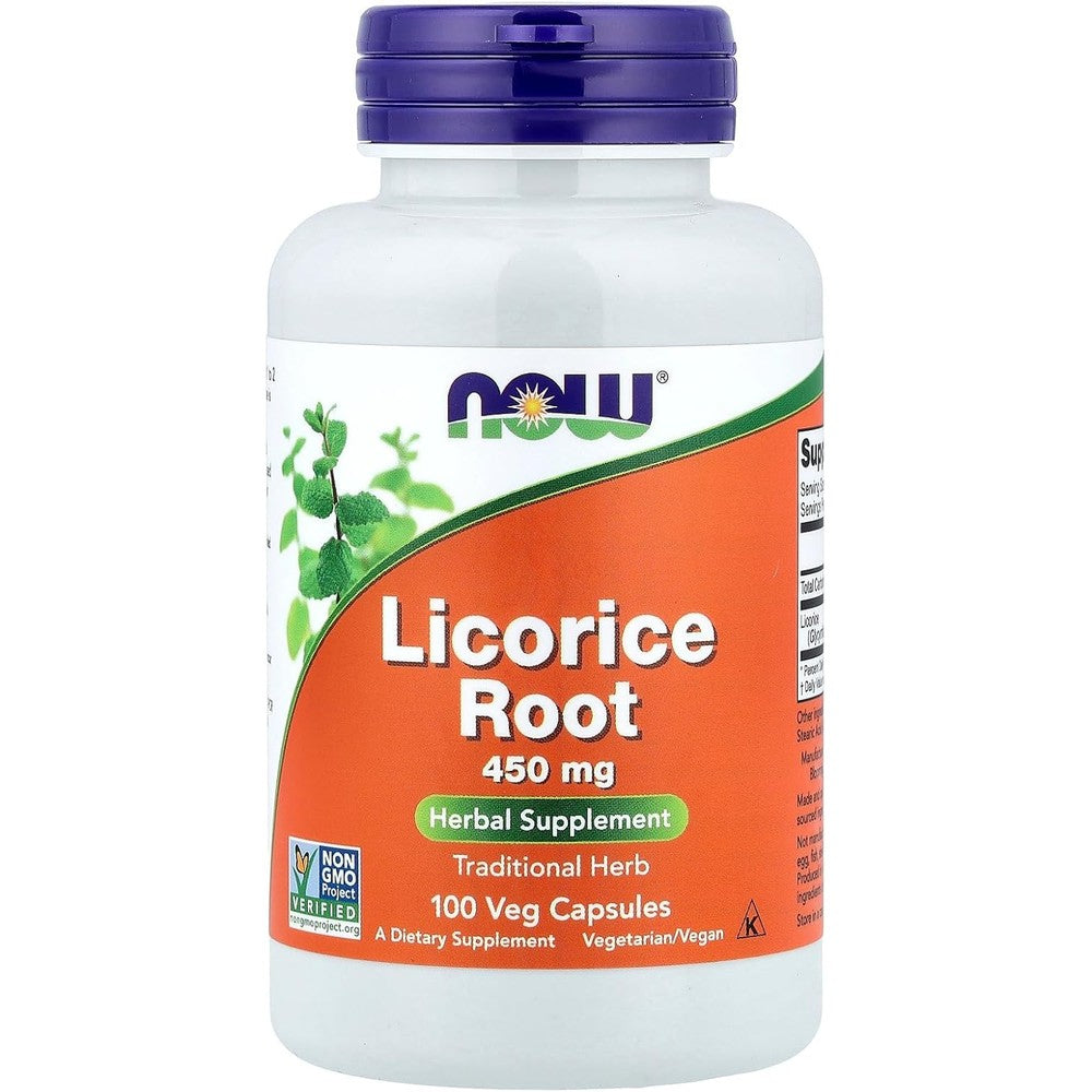 Now Foods Licorice Root 450 Milligrams 100 Capsules front view