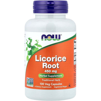 Now Foods Licorice Root 450 Milligrams 100 Capsules front view