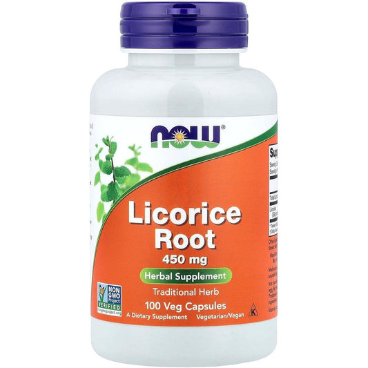 Now Foods Licorice Root 450 Milligrams 100 Capsules front view