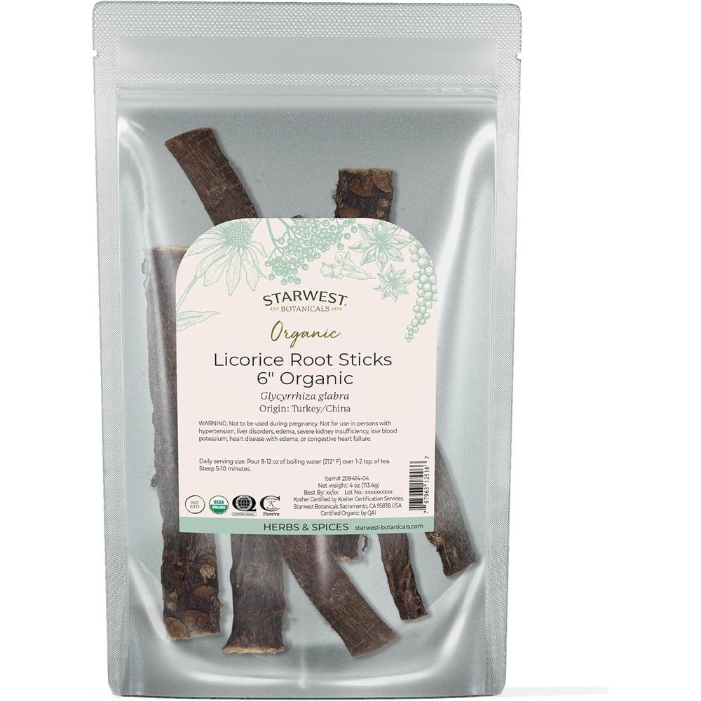 Starwest Botanicals Organic Licorice Root Sticks 4 Ounce pouch front view