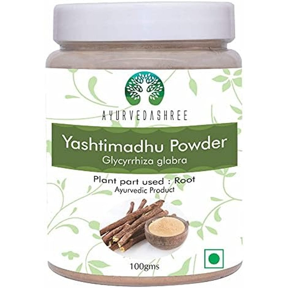 Ayurvedashree Yashtimadhu Licorice Powder front view in 100 gram jar