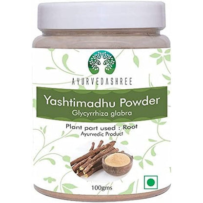 Ayurvedashree Yashtimadhu Licorice Powder front view in 100 gram jar