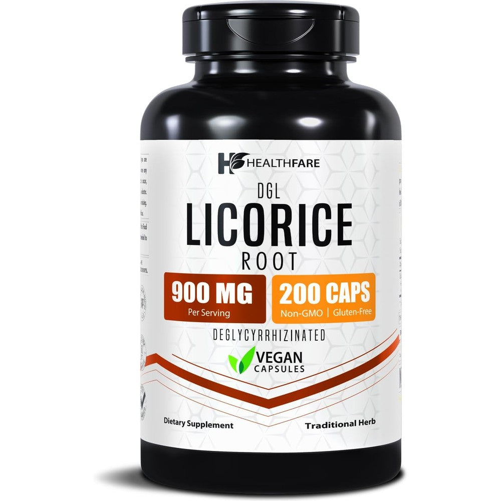 Healthfare Licorice Root Extract 900mg 200 vegan capsules bottle front view