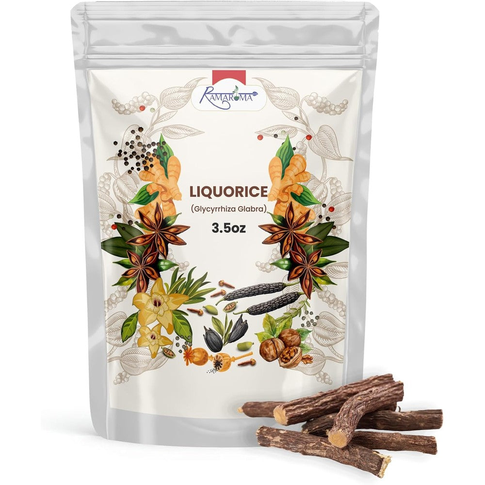 Ramaroma Natural Licorice Mulethi Root Sticks front view in packaging.