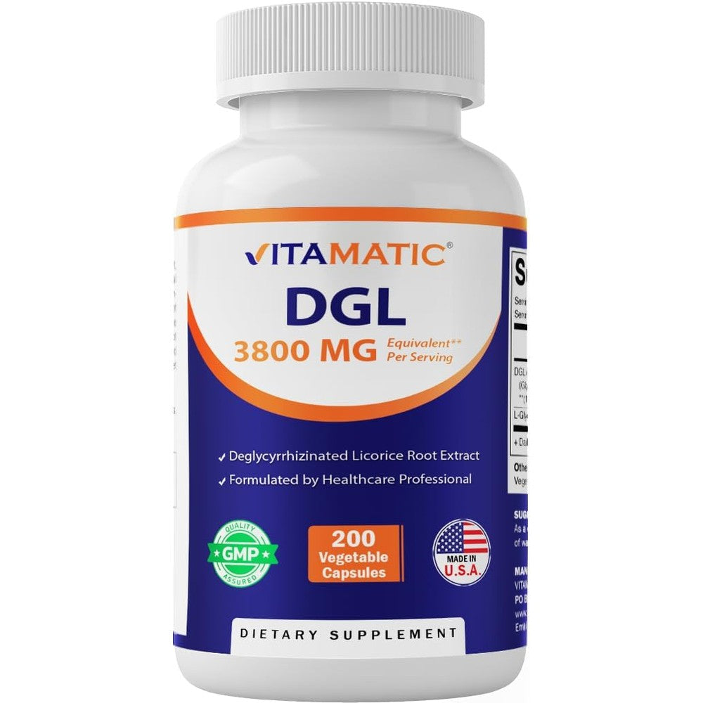 Vitamatic DGL Licorice Extract 200 Vegetarian Capsules front view
