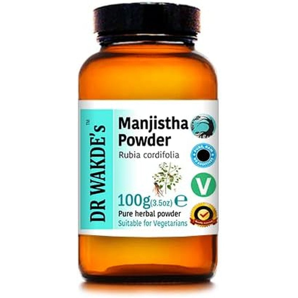 Dr Wakde's Manjistha Powder front view in glass bottle
