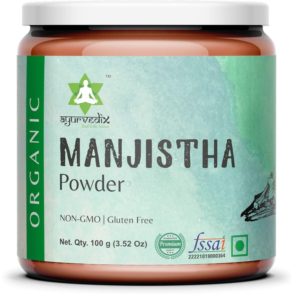 Ayurvedix Organic Manjistha Powder 100 grams jar front view for authentic Ayurvedic skincare