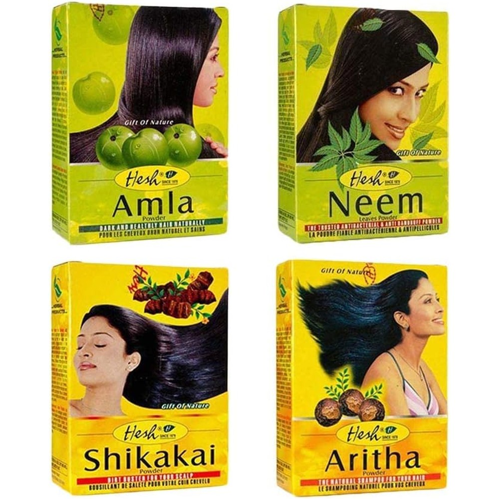 Hesh Herbal Hair Care Combo front view with natural powders