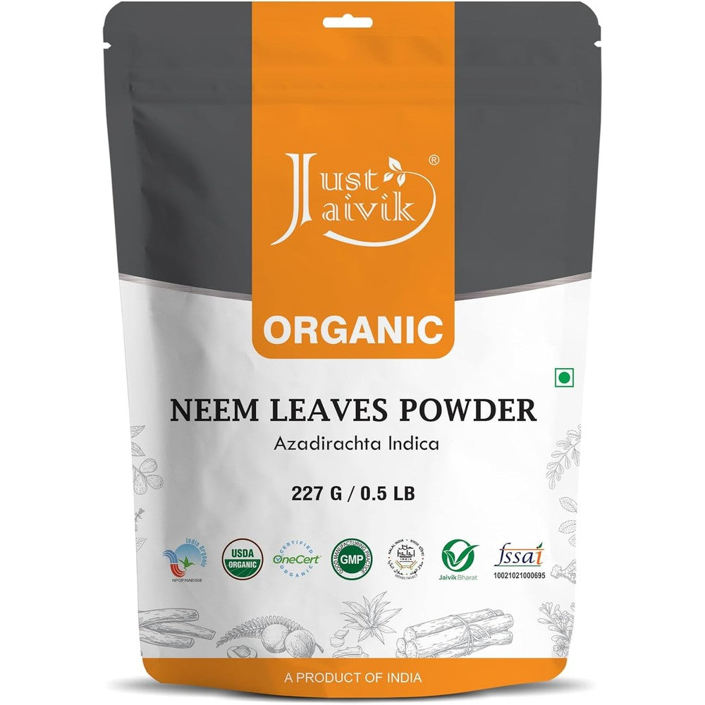 Just Jaivik 100 Percent Organic Neem Leaves Powder front view bag