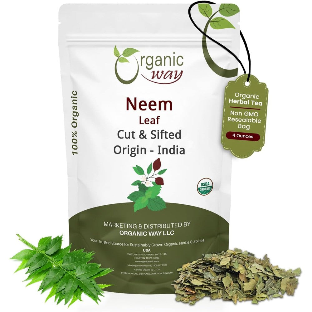 Organic Way Neem Leaf Cut And Sifted Front View Four Ounce Bag